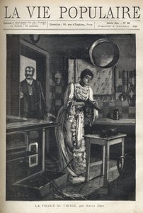 Egy elegáns nő egy cipőt viaszol a ház konyhájában. Egy férfi nyitja ki mögötte az ajtót. Illusztráció: Alfons Maria Mucha (Alphonse Marie Mucha alkotó: Alphonse Mucha