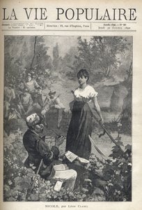 Egy idős férfi levelet olvas egy gyönyörű fiatal parasztnak, aki hamisítványt (aratót) tart. Vadászok figyelik a jelenetet a távolban. Illusztráció: Alfons Maria Mucha (Alphonse Marie Mucha alkotó: Alphonse Mucha