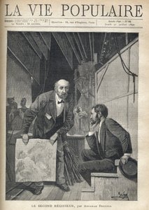 A kellékekkel és díszletekkel zsúfolt színházi színpad mögött, a színpadról kilépő színészek, egy két év közötti férfi szólít meg egy ülő, elgondolkodó, lepedőt hadonászó fiatalembert, hogy az rezgésbe hozza a filmet. a vihar hangja. alkotó: Alphonse Mucha