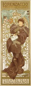 Lorenzaccio, Sarah Bernhardt álló alakját ábrázolja a szerepben, 1896 alkotó: Alphonse Mucha