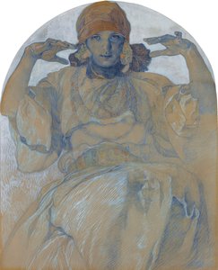 ""A művész lányának, Jaroslava Muchova portréja (1909-1986)" (A művész lányának portréja, Jaroslava) Alphons Mucha (1860-1939) festménye - 1924 körül. Mérete 51x41 cm Magángyűjtemény alkotó: Alphonse Mucha