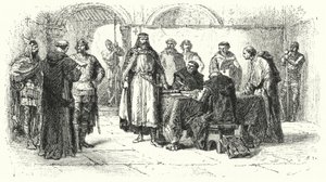 A katolicizmus kikiáltása a spanyolországi gótikus királyság vallásaként a toledói harmadik zsinaton, 589 (metszet)