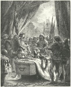 Chateauneuf de Randon parancsnoka Bertrand du Guesclin koporsójára teszi a város kulcsait alkotó: Alphonse Marie de (after) Neuville