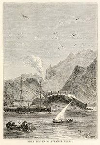 Steamer Pointban helyezték el, Jules Verne (1828-1905) „Nyolcvan nap alatt a világ körül” című művéből, Louis Dumont (sz. 1822) metszetével. alkotó: Alphonse Marie de (after) Neuville