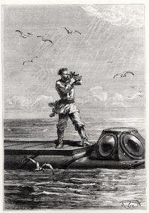 Nemo kapitány a Nautilus tetején, Jules Verne (1828-1905) „20 000 bajnokság a tenger alatt” című művéből, Henri Theophile Hildibrand (1824-97) metszetével