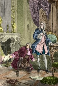 Charles Jean Francois Henault megmenti a La Henriade kéziratát, amelyet Voltaire a tűzbe dobott (metszet). alkotó: Alphonse Marie de Neuville