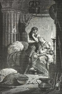 Eponine de Langres szoptatja Julius Sabinus gyermekét egy barlangban (Metszet) alkotó: Alphonse Marie de Neuville