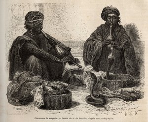 Les charmeurs de serpents, akik hüllők kereskedelmével kereskednek, akiket toumriljukba (fuvolájukba) fújva vonzanak, A. de Neuville rajza nyomán metszett, a rádzsák indiai utazását illusztrálva, 1864-1868 között, Louis Rousselet kiadója a „” Le tourban alkotó: Alphonse Marie de Neuville