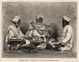 Les mullahs de la Mosque de Bhopal, a muzulmán vallás vitás pontjainak teljes megvitatásával, A. de Neuville rajza utáni metszet, amely a rádzsák indiai utazását szemlélteti 1864-1868 között, Louis Rousselet alkotása "" Le to alkotó: Alphonse Marie de Neuville