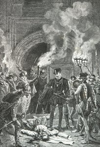 A Saint Barthelemy-i mészárlás, Guise herceg lábbal löki Gaspard de Coligny holttestét (metszet) alkotó: Alphonse Marie de Neuville