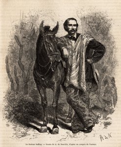 Dr. Saffray portréja, karokkal a hegyén, utazási ruhában, metszet A. de Neuville rajza nyomán, Dr. Saffray, 1869-ben, Dr. Saffray New Granadába tartó utazását illusztrálva, megjelent a „” Le tour du monde”-ban” ” 1873, szerkesztette Edouard Charton, Hachet alkotó: Alphonse Marie de Neuville