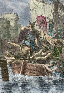 Rollon viking csónakjai Párizs falai előtt 886-ban (metszet) alkotó: Alphonse Marie de Neuville