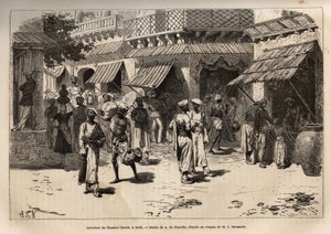 A Chandni chowk kereszteződése, az aranyférgek utcája, a kereskedelmi és kézműves tevékenységek fő arterája, amely Dehlit átszeli a palota nagykapujától Lahore kapujáig, A. de Neuville rajza utáni metszet, amely az utat illusztrálja.