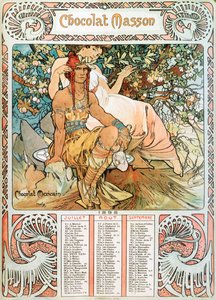 Az 1898-as Felnőtt Naptár oldala Alphonse Mucha (1860-1939) reklámillusztrációjának dekorációja a Masson csokoládéhoz - ""A középkor"" Alphonse Mucha reklámillusztrációja alkotó: Alphonse Mucha