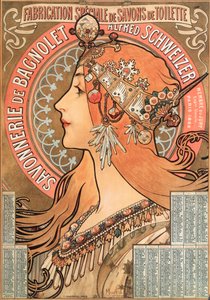 Az 1898-as év naptároldala Alphonse Mucha (1860-1939) reklámillusztrációjának dekorációja a Savonnerie de Bagnolet szappancég számára Alfred Schweizer - Alphons reklámillusztrációja ( alkotó: Alphonse Mucha