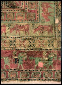 Cölöp szőnyeg, amely lovakat és lovasokat, dámszarvast és griffeket ábrázol a Pazyryk temetkezési halmából, Kr. e. 5-4. század (textil)