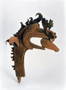 Szarvast a csőrében tartó griffet ábrázoló terminál, a Pazyryk temetkezési halmokból, Kr.e. 5. századból (bőr és fa)