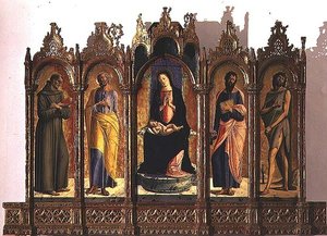 Madonna és a trónoló gyermeket ábrázoló poliptichon (középpanel); Szent Domonkos és Szent Péter (bal oldali panelek); Szent Pál és Keresztelő Szent János (jobb oldali panelek)