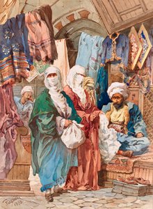 Selyembazár (keleti piac, piac, selyemáruk) - Selyembazár - Amedeo Preziosi (1816-1882), Akvarell papíron (41x30 cm) - Pera Múzeum, Isztambul alkotó: Amadeo Preziosi