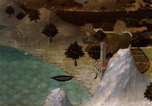 Kastély a tóparton, Ambrogio Lorenzetti (1290-kb. 1348), Tempera fa, 22,5x33 cm alkotó: Ambrogio Lorenzetti