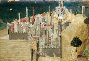 Város a tenger mellett, Ambrogio Lorenzetti (1290-kb. 1348) Tempera és arany fán, 22,5x33,5 cm alkotó: Ambrogio Lorenzetti