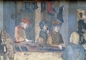 A jó kormányzás hatásai a városban, egy kereskedő és kézművesek részlete a cipészboltban alkotó: Ambrogio Lorenzetti