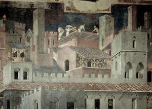A jó kormányzás hatásai a városban, az építészet részlete és egy ház építése alkotó: Ambrogio Lorenzetti