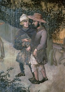 A jó kormányzás hatásai a vidéken, két férfi sétáló és beszélgető részlete alkotó: Ambrogio Lorenzetti