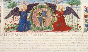 Angyalok Sforza-címert ábrázoló pajzsot tartó, Ambrogio Bergognone miniatűr kéziratból, Olaszország 1477.