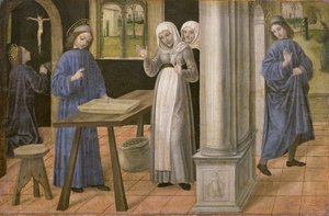Az ima, A szita csodája és az indulás Subiaco felé, predella tábla egy oltárképről, amely jelenetek Szent Benedek életéből, 1488-95