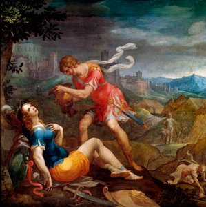 Tancrede megkereszteli Clorinde Illusztrációt Torquato Tasso (Le Muche néven ismert) „La jerusalem delivree” című verséhez