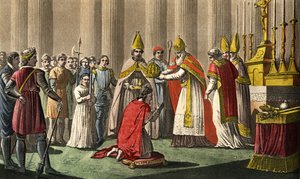 Leó pápa (750-816) koronázta meg Nagy Károlyt (742-814) a római Szent Péter-bazilikában 80. december 25-én - Nagy Károly (742-814) megszentelt (742-814) 800-ban III. Leó pápa. Ambroise Tardieu tervezte és metszett 1825-ben.