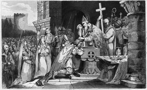 I. Clovis (465-511) megkeresztelkedett seregének embereivel a tolbiaci csata előtt - Clovis Bapteme 496. december 1., 25.: Le roi des Francs (466-511) Szent Remi (437-533) megkeresztelkedett. Reims, a Szent Márton templomban - 1825-ös metszet a „Histoi
