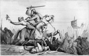 Eudes gróf Párizst védi a normannok ellen 885-ben - Eudes (Odon) (860-898), a Karoling-dinasztia vezeti a normannok elleni csatát, és győztesen védi Párizst (885-887) - 1825-ös metszet a „Histoire de France-ban, amelyet szinoptika képvisel festeni alkotó: Ambroise Tardieu