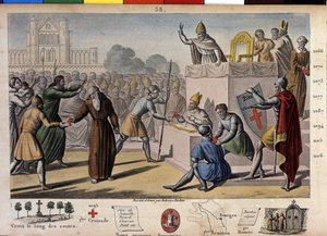Isten akarja: a Clermont-i Zsinatban (ma Clermont Ferrand (Clermont-Ferrand), Auvergne) Remete Péter prédikálja az első keresztes hadjáratot II. Urbán pápa előtt.
