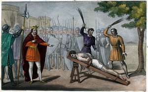 Lord Bodillont megkorbácsolják, miután panaszkodott II. Childeric (653-73) adóemelése miatt – II. Childeric poszthoz kötötte, és rabszolgát verve megvert egy Badillon vagy Bodillon nevű burgundi lordot, amiért fel merte mutatni neki a túlzás veszélyét. adó alkotó: Ambroise Tardieu