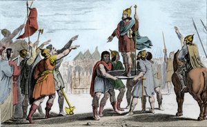 I. Faramond (c370-427), a frankok királya. Pajzsra emelte népe, aki királlyá választotta - a frank-szaliánusok és az egy népben újra egyesült gallok által elismert Pharamond pajzsra emelkedik, és diadalmasan körbejárja a tábort - Legen