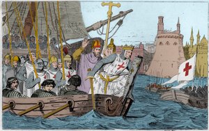 Hetedik keresztes hadjárat: Szent Lajos király (1214-1270) és a Damiette-et ostromló keresztes hadjáratok 1249 júniusában Alsó-Egyiptomban - Hetedik keresztes hadjárat a Szentföldre 1248-50 - IX. Szent Lajos (1214-70) csatában vezeti csapatait - 1825-ös me