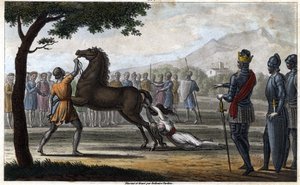 Brunhilda ausztrál királynő, egy vizigót hercegnő halála, aki feleségül vette I. Sigebert ausztrál királyt – Brunehaut (vagy Brunehilde) halála II. Clotaire (Clothaire) parancsára (613). Ambroise Tardieu rajzai és sírja 1825-ben.