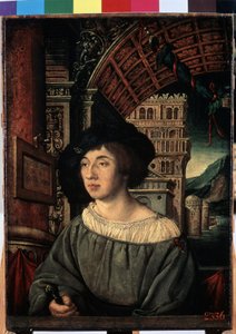 ""Egy fiatal férfi portréja"" Magas rangú karakter, reneszánsz stílusú dekorációval. Ambrosius Holbein festménye (1494-1520 körül) 1518 Méret: 44x32,5 cm Ermitázs Múzeum, Szentpétervár