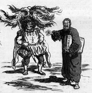 Rabelais öröme, amikor Gustave Dore-t látja, teljesen azonosul az író embereivel. Cham rajzfilmje. Metszet a „” Le Monde Illustré”” 821. számban, január 4 alkotó: Amédée de Noé