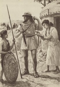 Egy bronzkori dőlt farmer, harcra felfegyverkezve (litho)