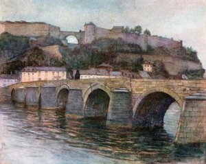 Jambes-híd és citadella, Namur (színes litográfia) alkotó: Amedee (after) Forestier