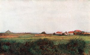 La Belle Alliance tanyája és a belga oroszlánnal díszített domb, Waterloo (színes litográfia)