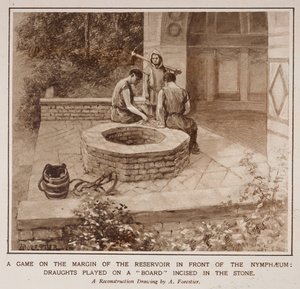 Egy játék a Nymphaeum előtti víztározó peremén, az Illustrated London News „The Country Life of the Romans in England” című cikkéből alkotó: Amedee Forestier