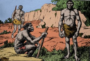 Őstörténet: a Homo rhodesiensis vagy a Broken Hill emberének ábrázolása, a Homo sapiens őse, akinek kövületeit Rodéziában (a mai Zambia Afrikában) fedezték fel. A. Forestier rajza. DR