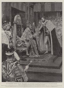 A koronázás, apa és fia, Edward király és a walesi herceg az örökös tiszteletadása után alkotó: Amedee Forestier