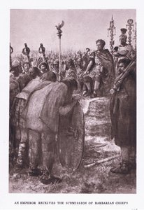 A császár megkapja a barbár főnökök beadványát, illusztráció a római katonától, 1928