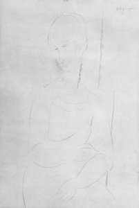 Egy ülő fiatal lány portréja. Térdelő portré, fejjel balra alkotó: Amedeo Modigliani