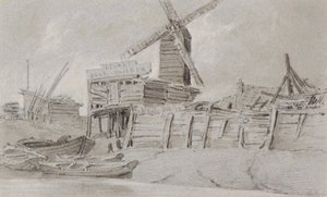 Szélmalom és csónakudvar, 1803 körül (szén, ceruza és mosószer)